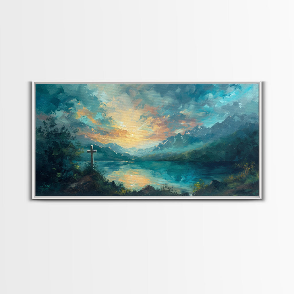 Cross and landscape canvas print with thin light border and teal sky over water