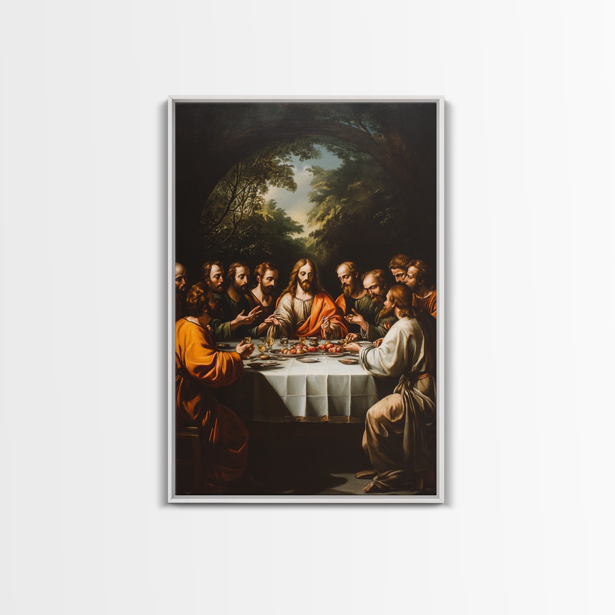 Framed canvas wall art of the Last Supper scene with figures at a banquet table