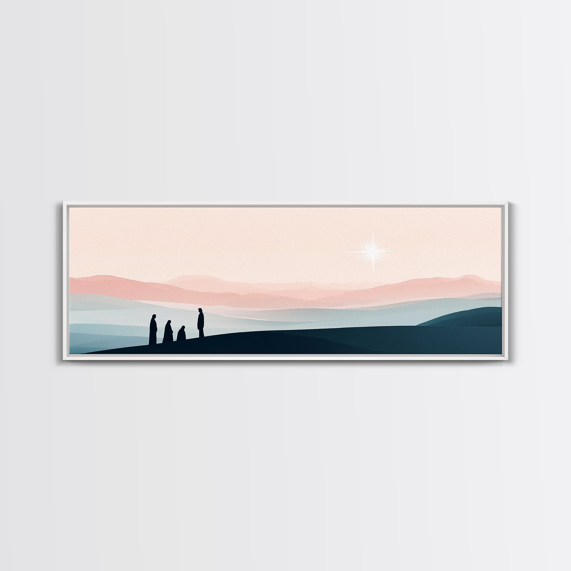 White framed canvas print with dark horizon silhouettes and a glowing star in the sky