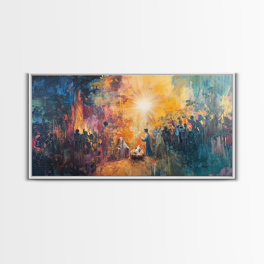 Nativity canvas print in white frame with glowing star and painterly figures in a crowd