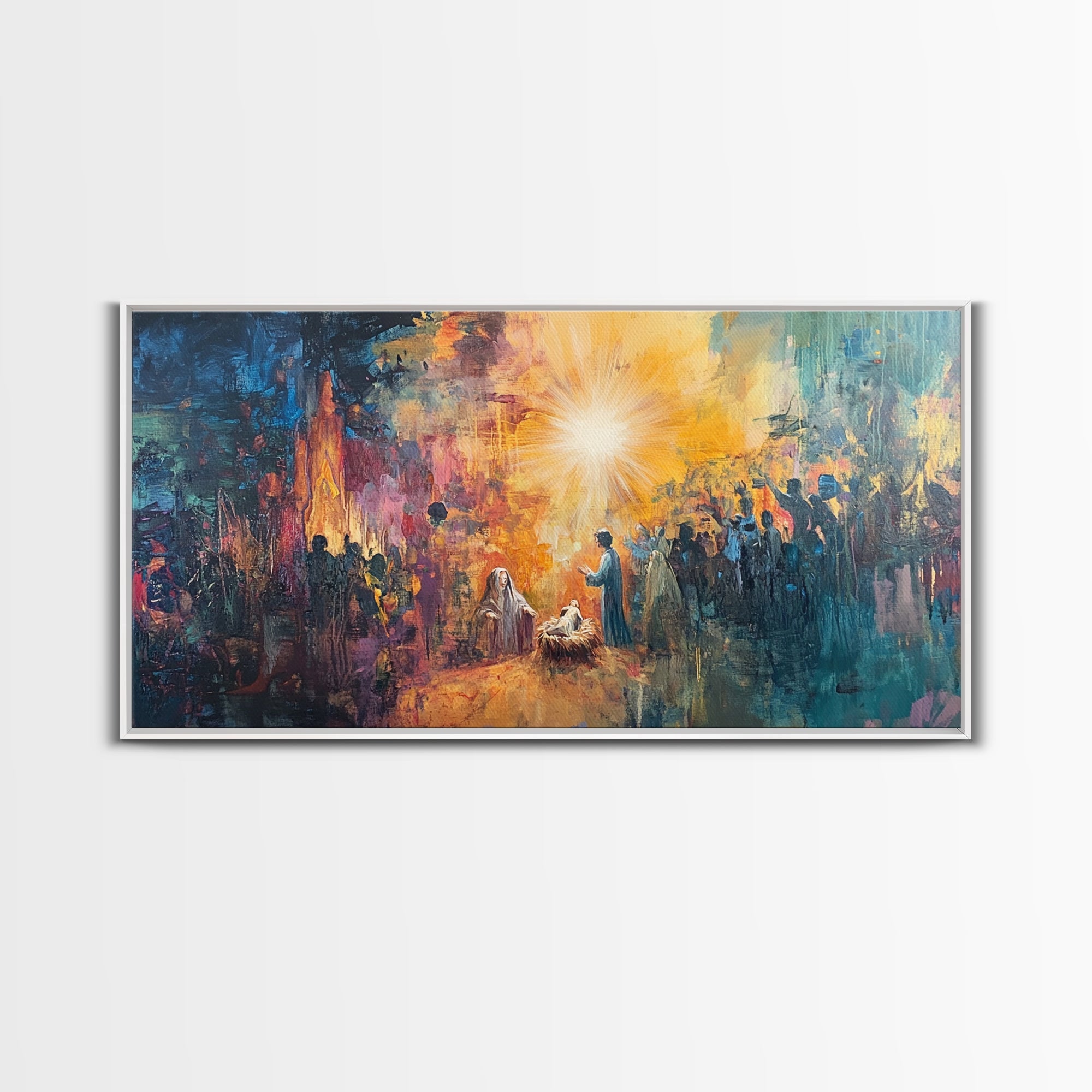 Nativity canvas print in white frame with glowing star and painterly figures in a crowd