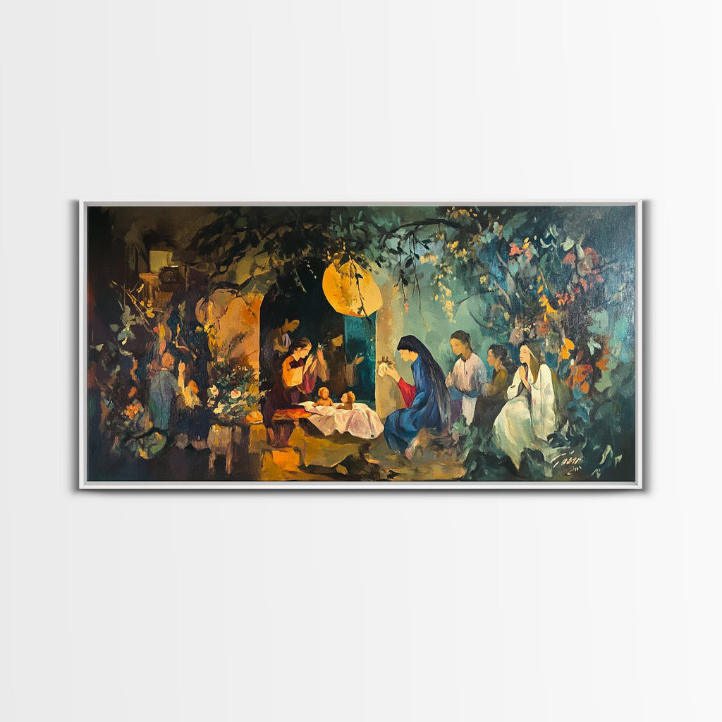 Nativity canvas wall art in white-toned frame, glowing angel over manger and figures