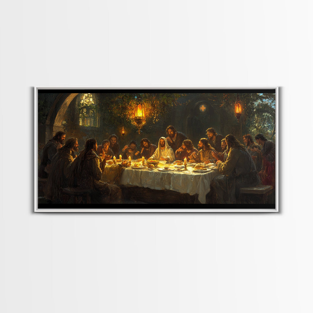 Framed canvas print of The Last Supper, black frame, candlelit table and seated figures