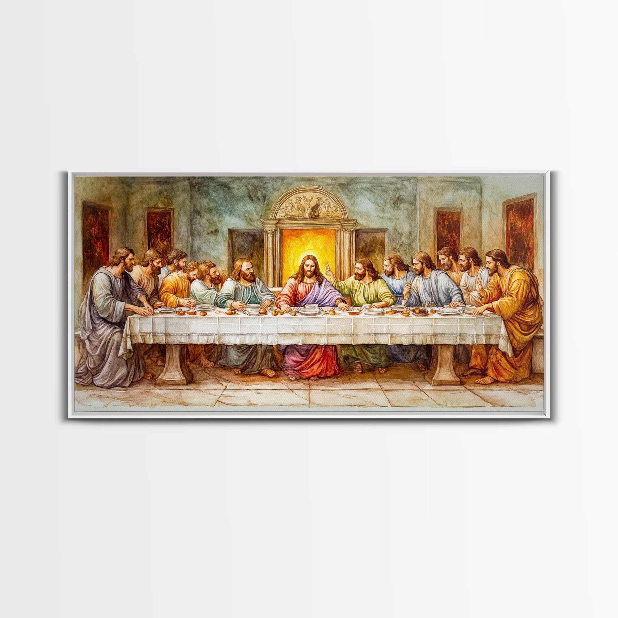 Framed canvas print of The Last Supper painting with Jesus and disciples around the table