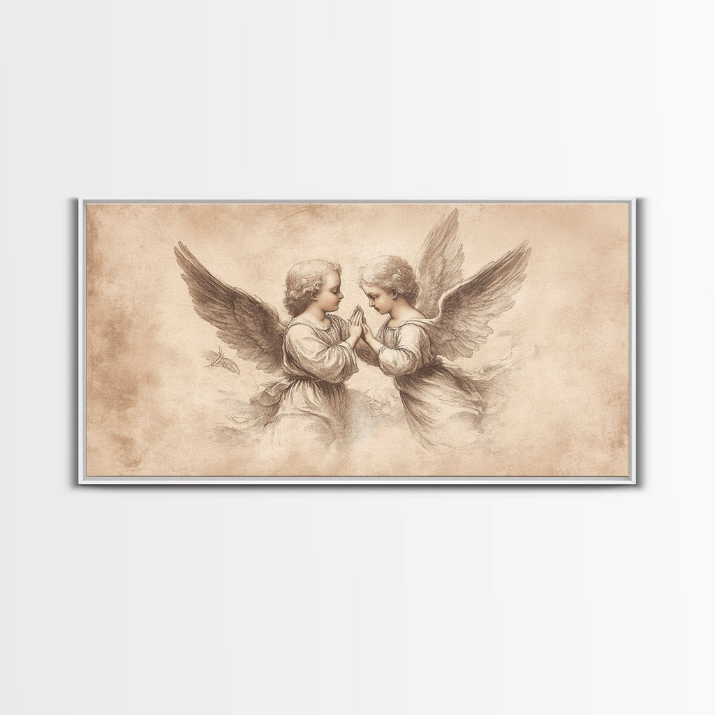 Angel wall art canvas print with two cherubs and wings, beige sketch, gallery wrap edge