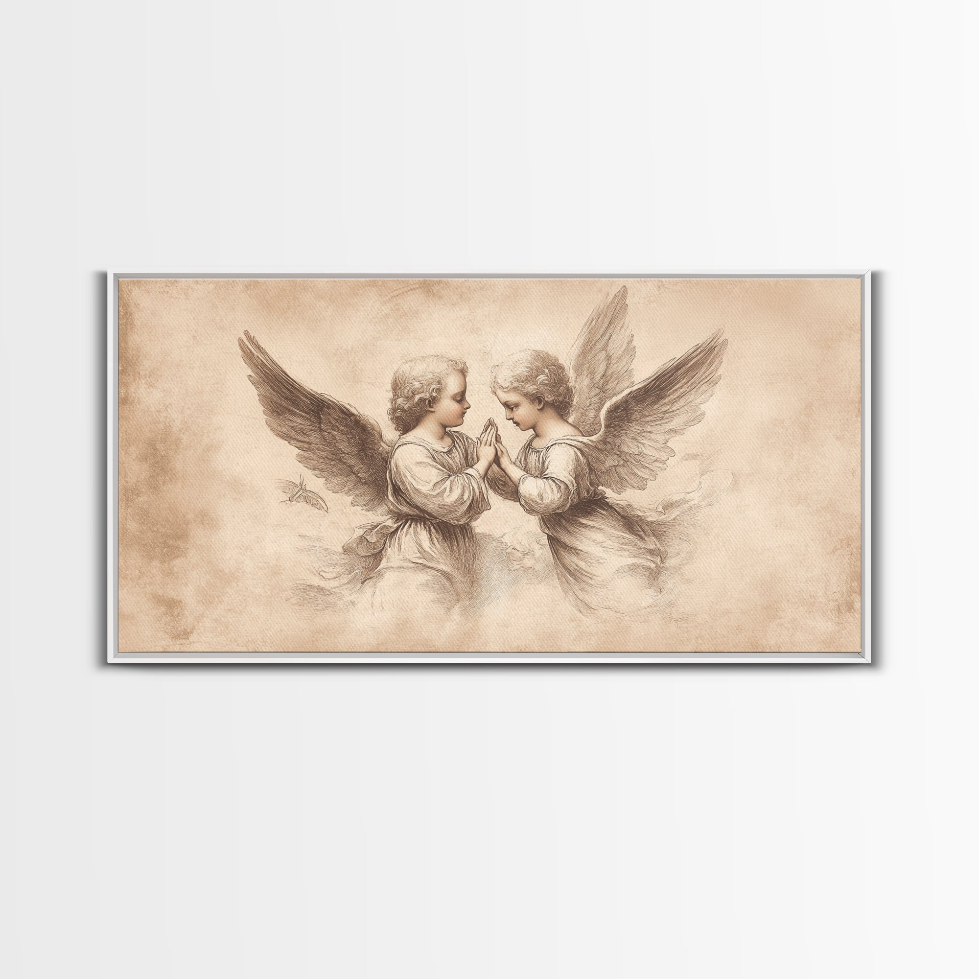 Angel wall art canvas print with two cherubs and wings, beige sketch, gallery wrap edge