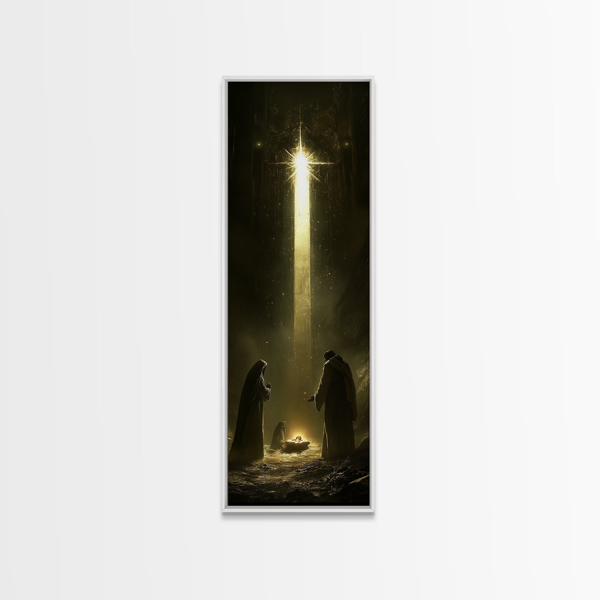 Nativity painting print in a white frame with glowing star and two kneeling figures