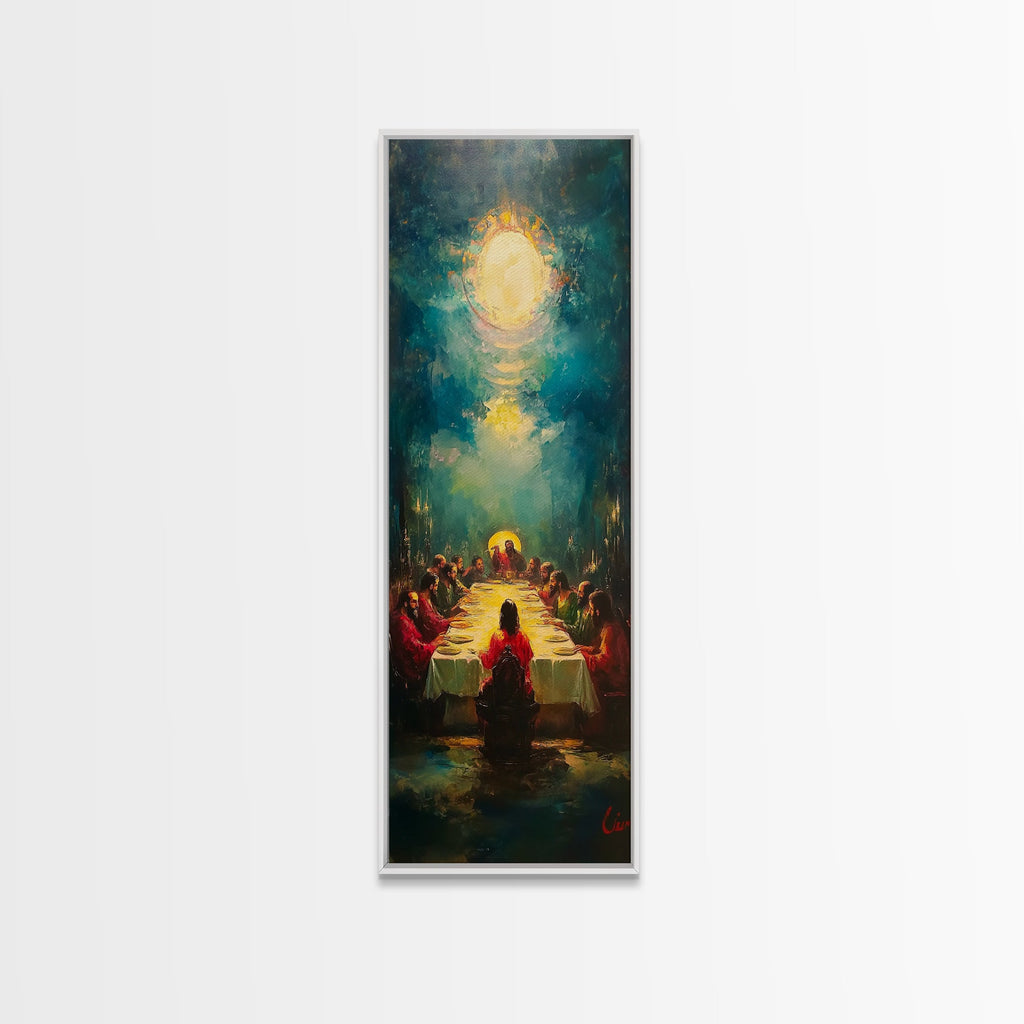 Last Supper wall art canvas in white frame, glowing Christ and apostles at table