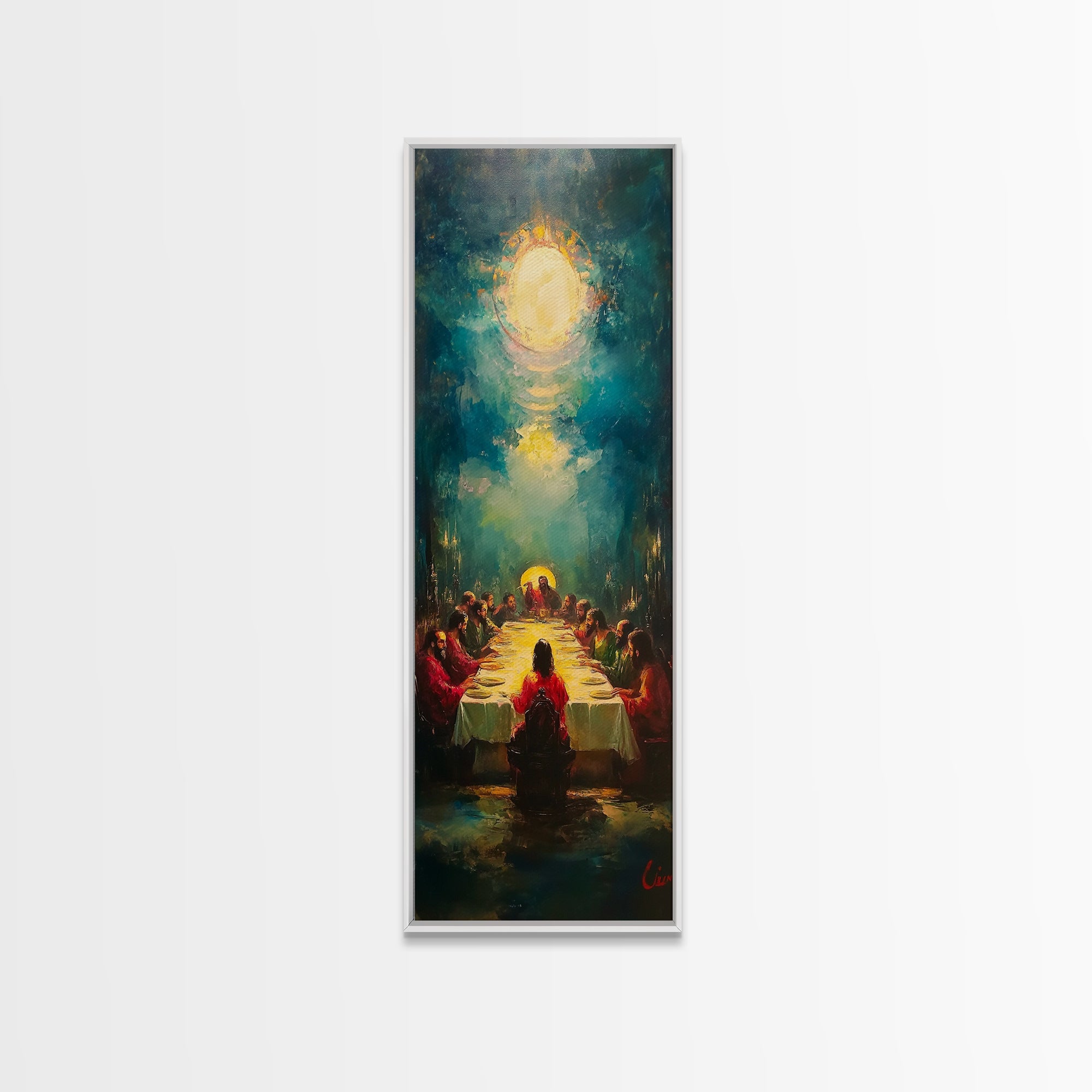 Last Supper wall art canvas in white frame, glowing Christ and apostles at table