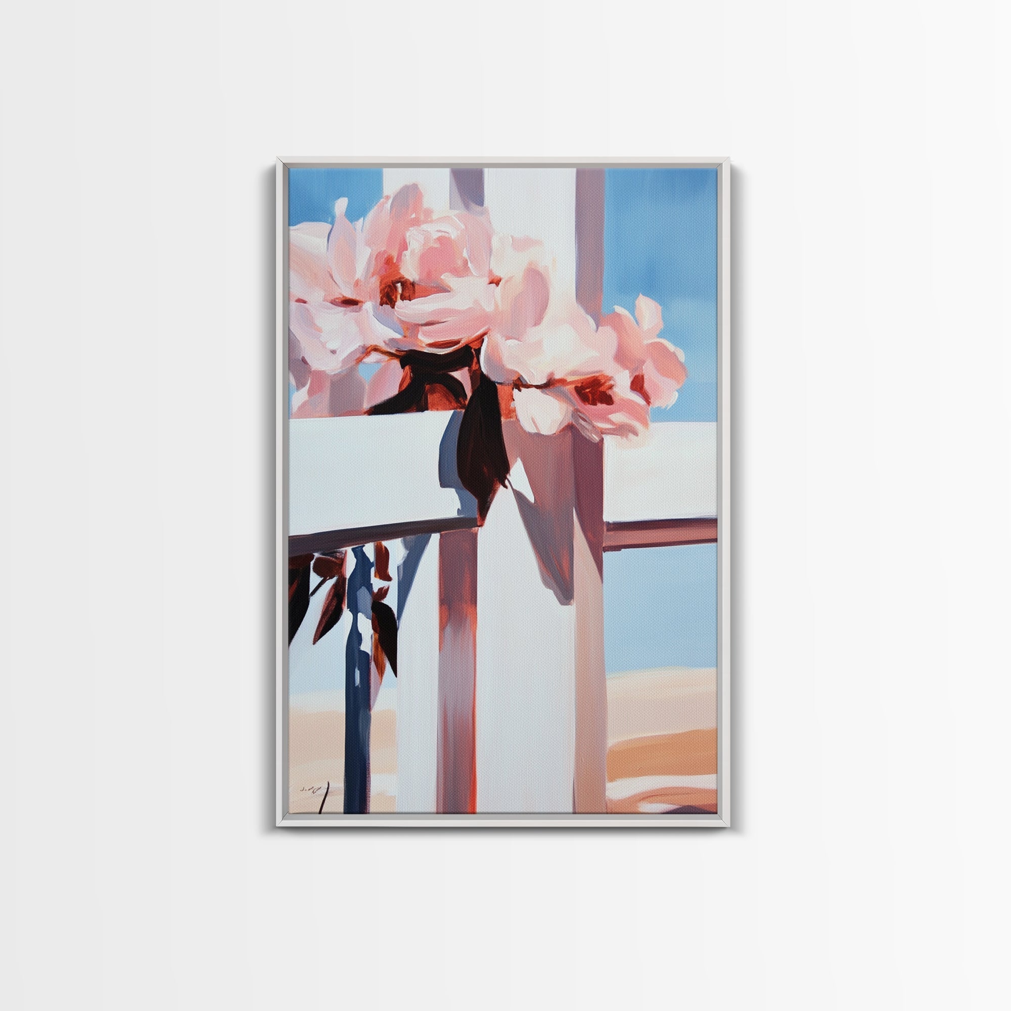 Floral peony cross canvas print with silver frame, pink and blue abstract flower bouquet