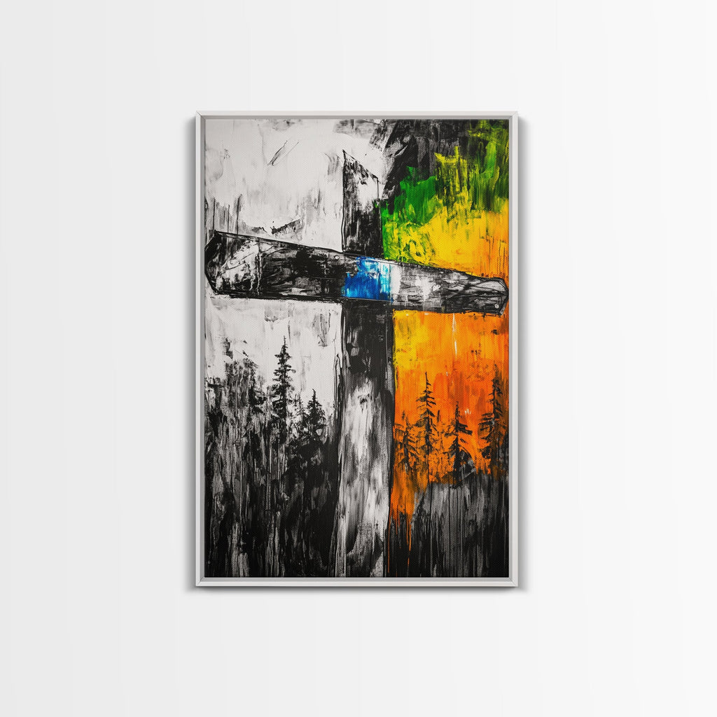 Framed wooden cross wall art canvas with black cross lines and orange, green and blue color blocks