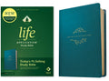 Teal blue leatherlike life application study bible cover with decorative emblem