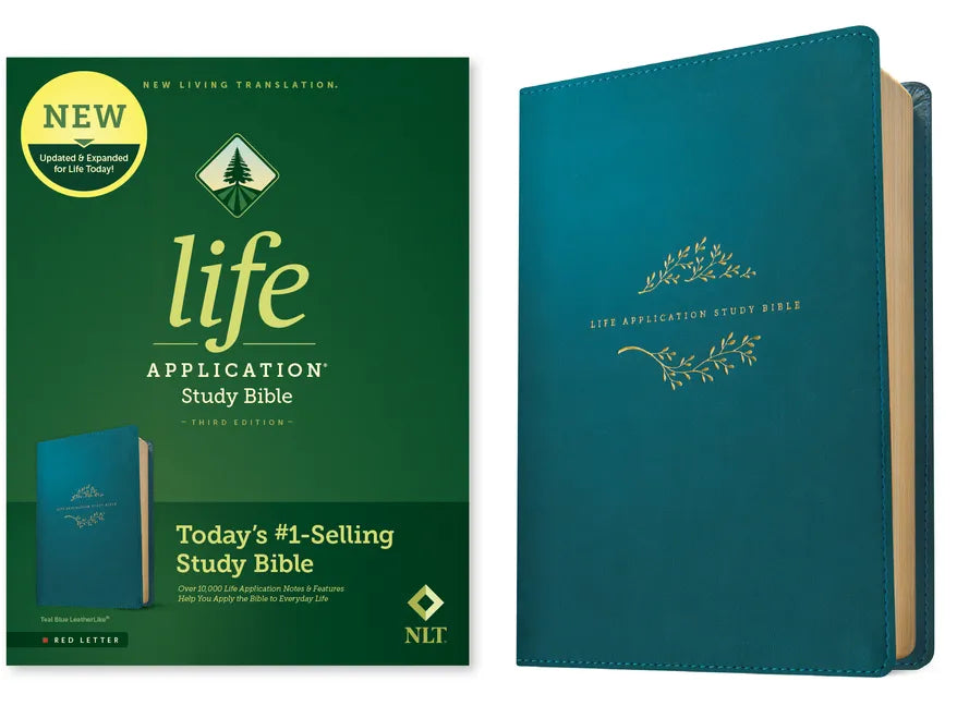 Teal blue leatherlike life application study bible cover with decorative emblem