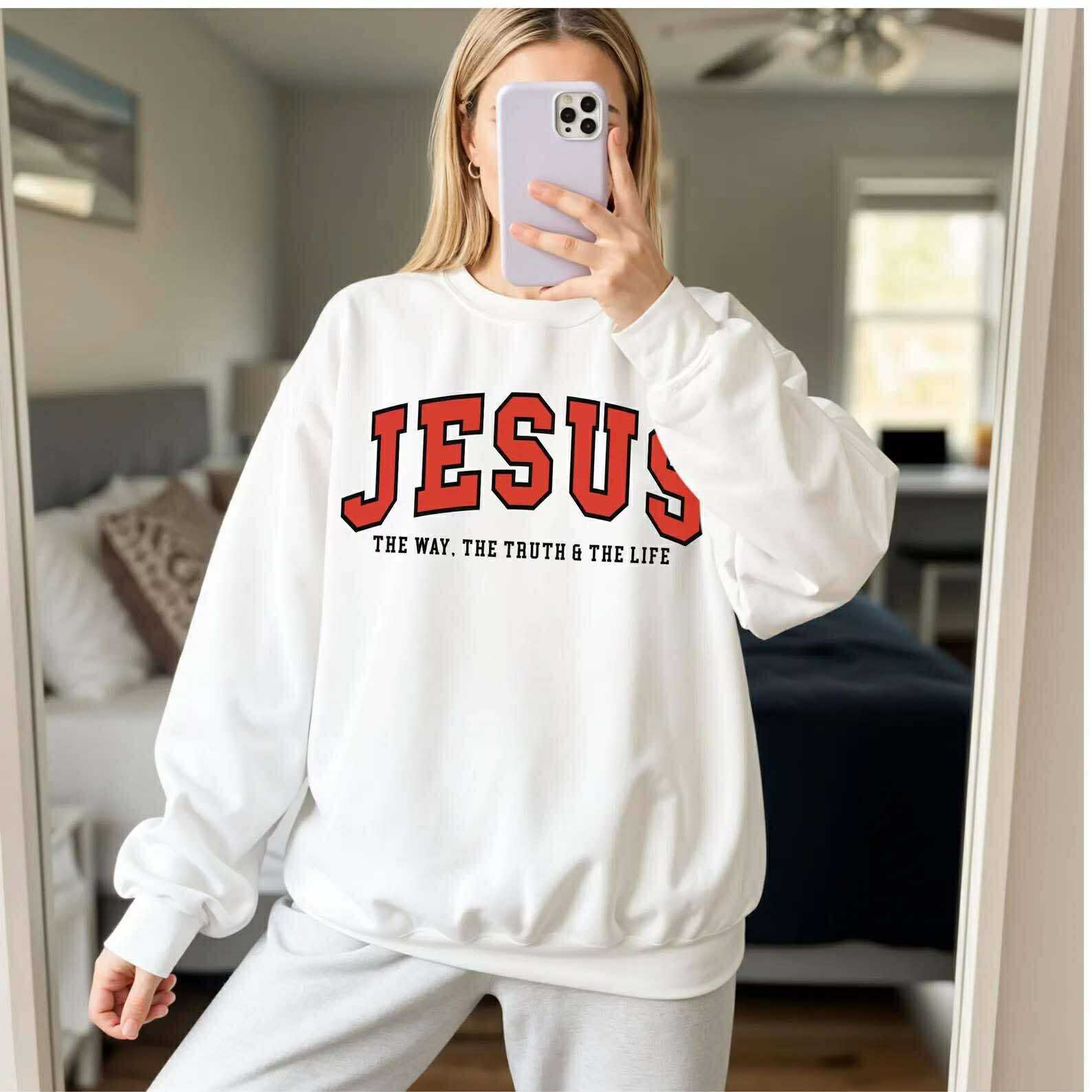 White sweatshirt with bold red “JESUS” graphic and text “THE WAY, THE TRUTH & THE LIFE”