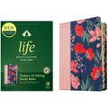 Life Application Study Bible with green cover, gold lettering, and floral side panel