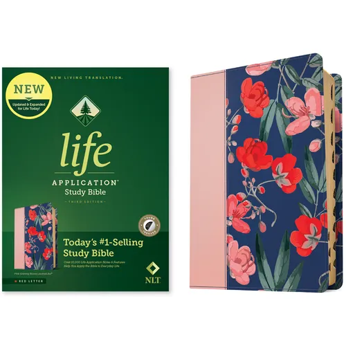 Life Application Study Bible with green cover, gold lettering, and floral side panel