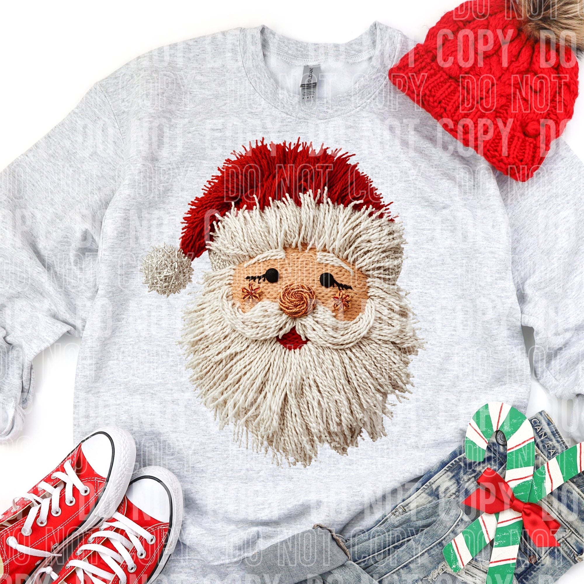 Light gray Santa face faux yawn graphic tee with red hat and embroidered beard