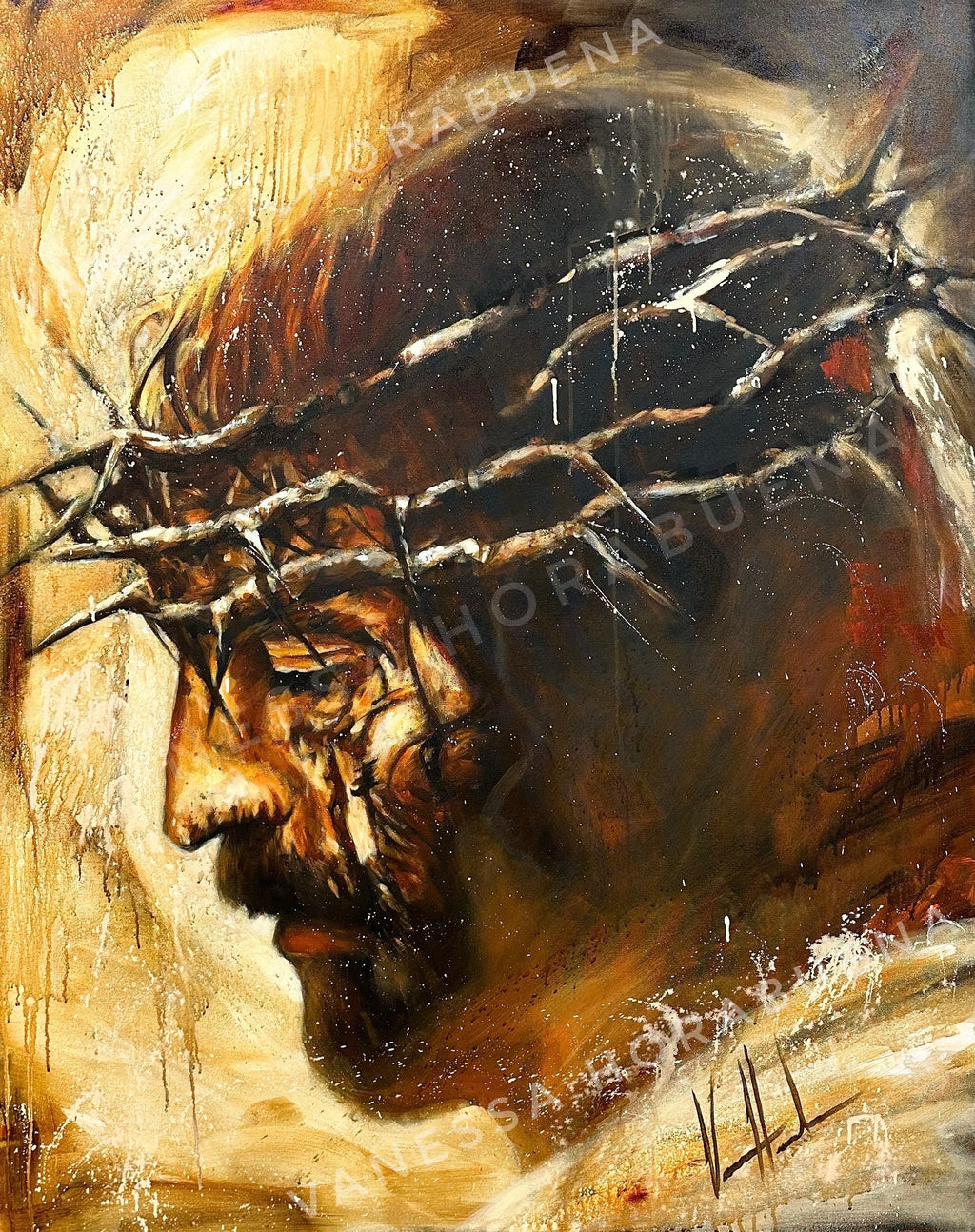 Close-up wall art print of a male face with dark outlines and warm yellow brushstrokes