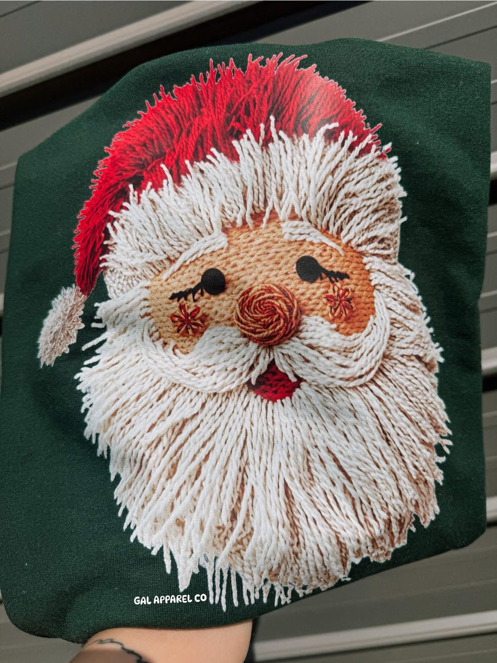 Forest green Santa face faux yawn graphic sweatshirt with red hat and embroidered beard