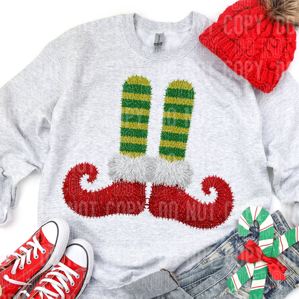 Gray crewneck sweatshirt with faux yarn graphic: green striped 11 and red lettering