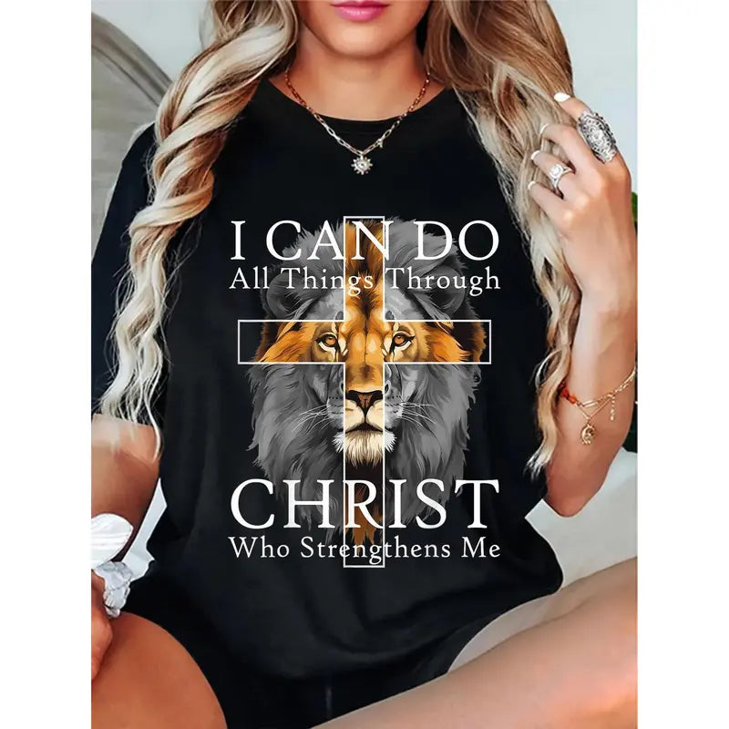 Black unisex T-shirt with lion graphic and faith text, crew neck, short sleeves
