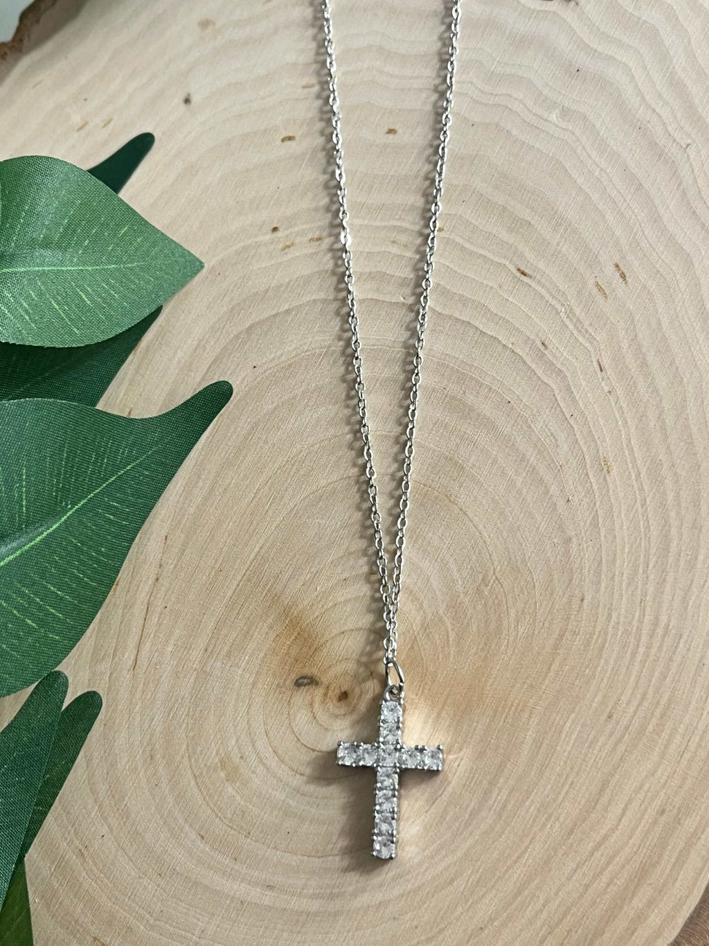 Silver cross pendant necklace with sparkling rhinestone cross pendant on chain