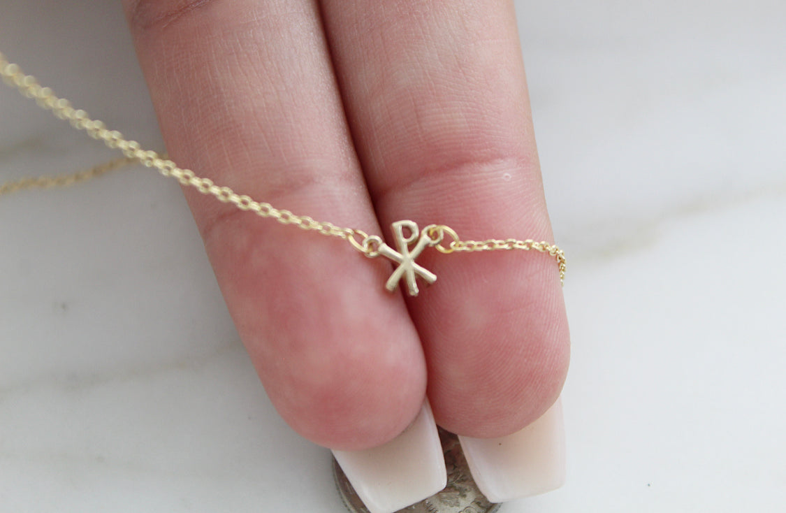 14K gold necklace with Chi Rho pendant charm on a fine chain