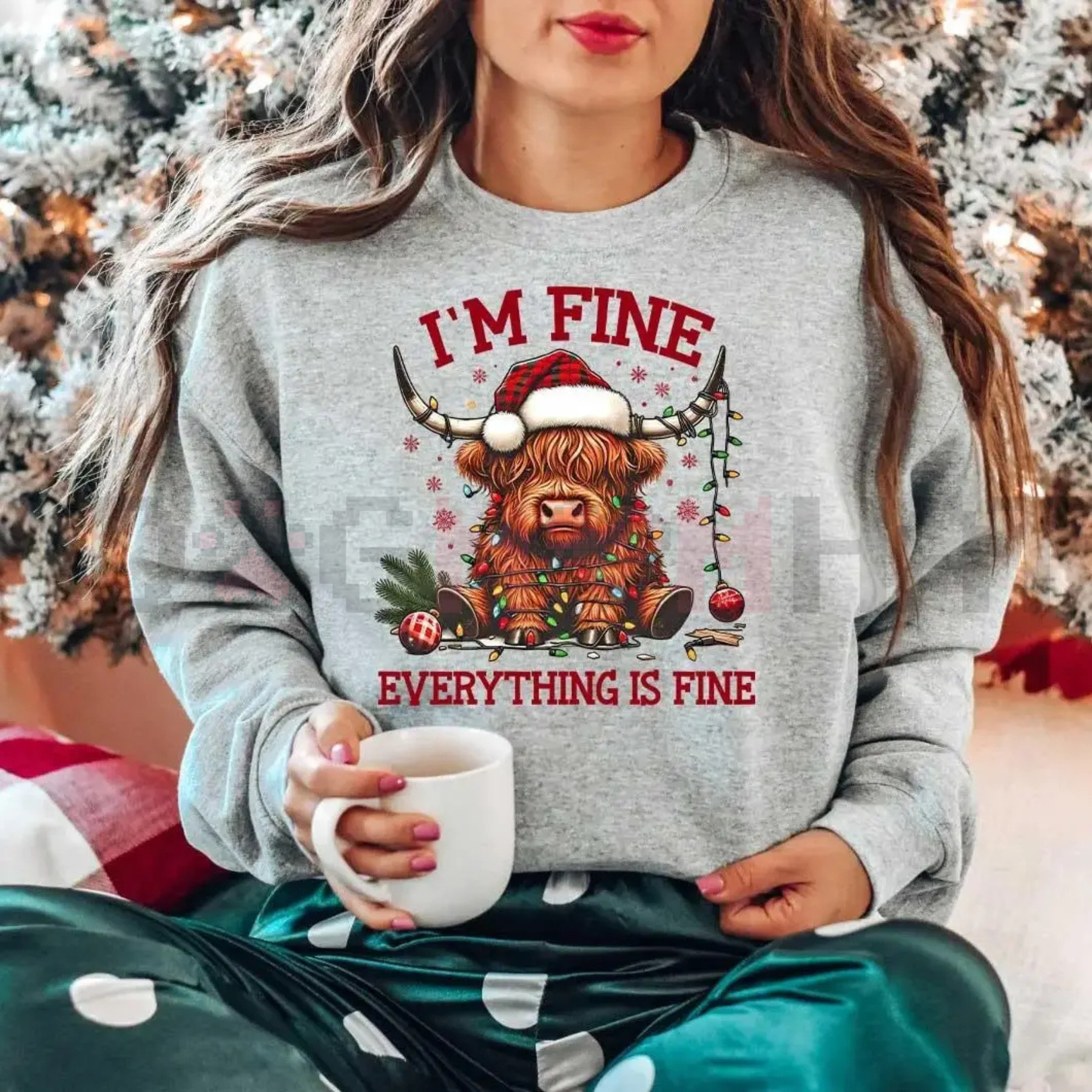 Light gray crewneck sweatshirt with cow holiday graphic, long sleeves