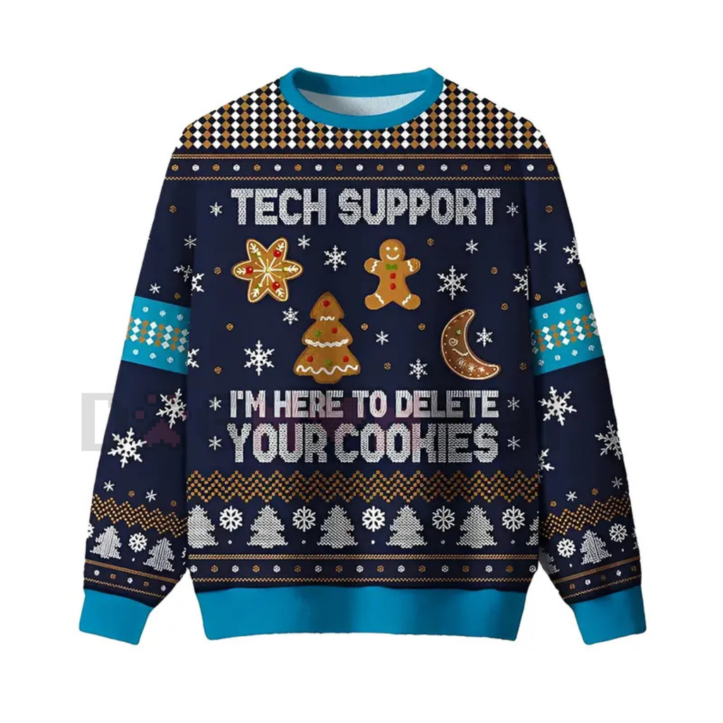 Navy knit crewneck sweater with TECH SUPPORT holiday graphic and delete cookies message