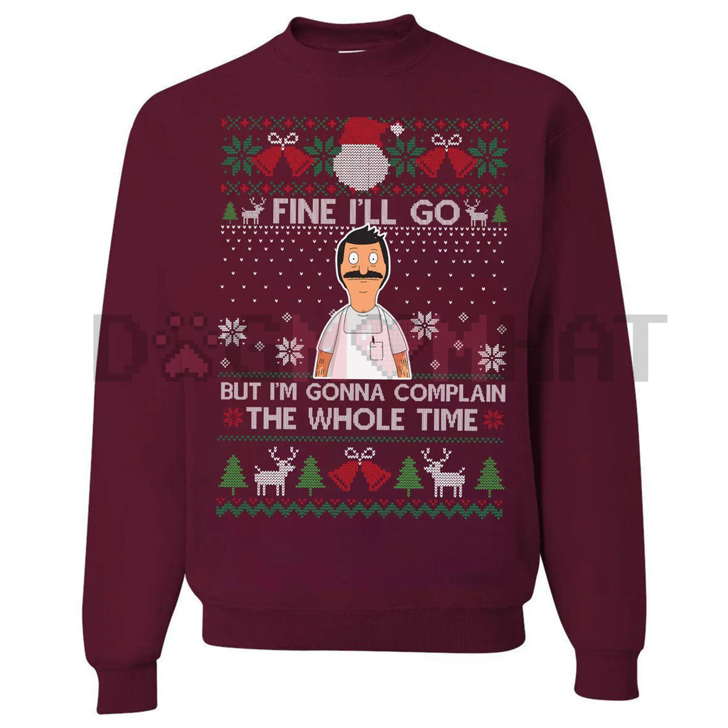 Maroon crewneck holiday jumper with colorful festive front graphic and lettering