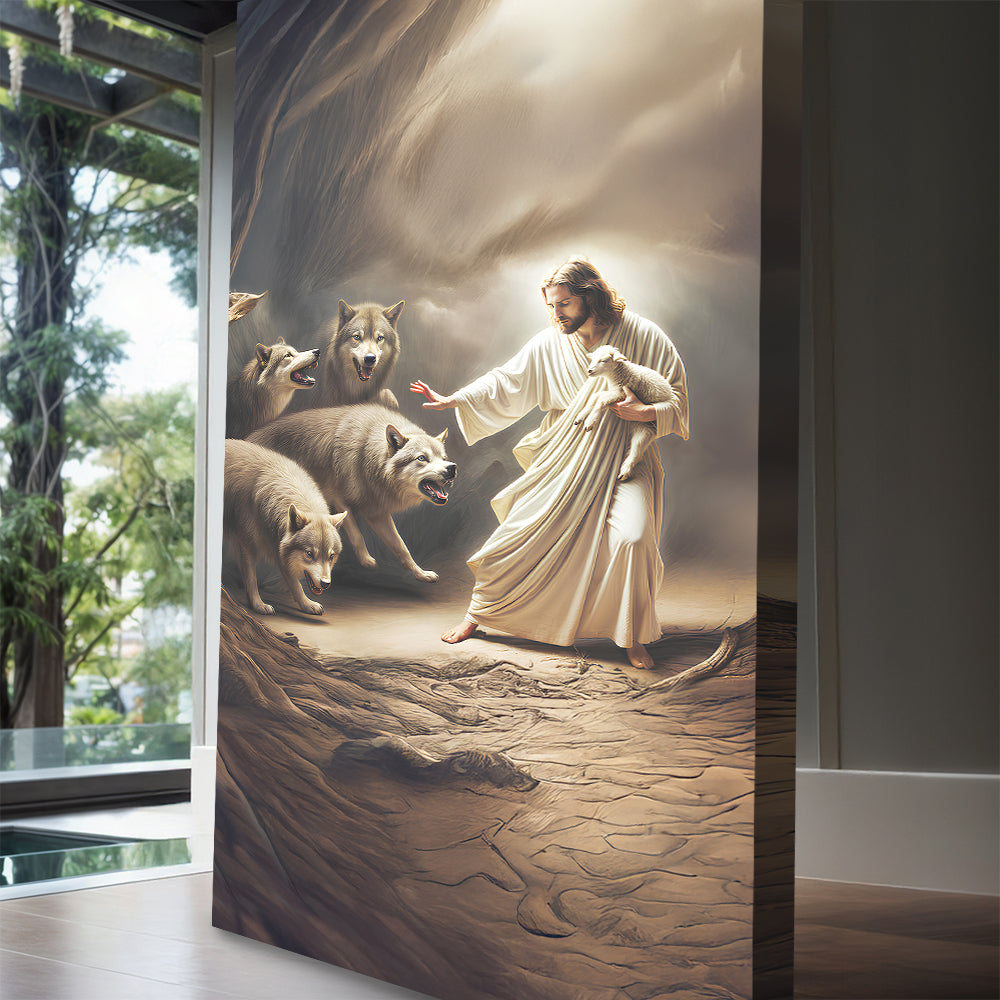 Faith wall art canvas with Jesus reaching out to wolves and lambs in a desert