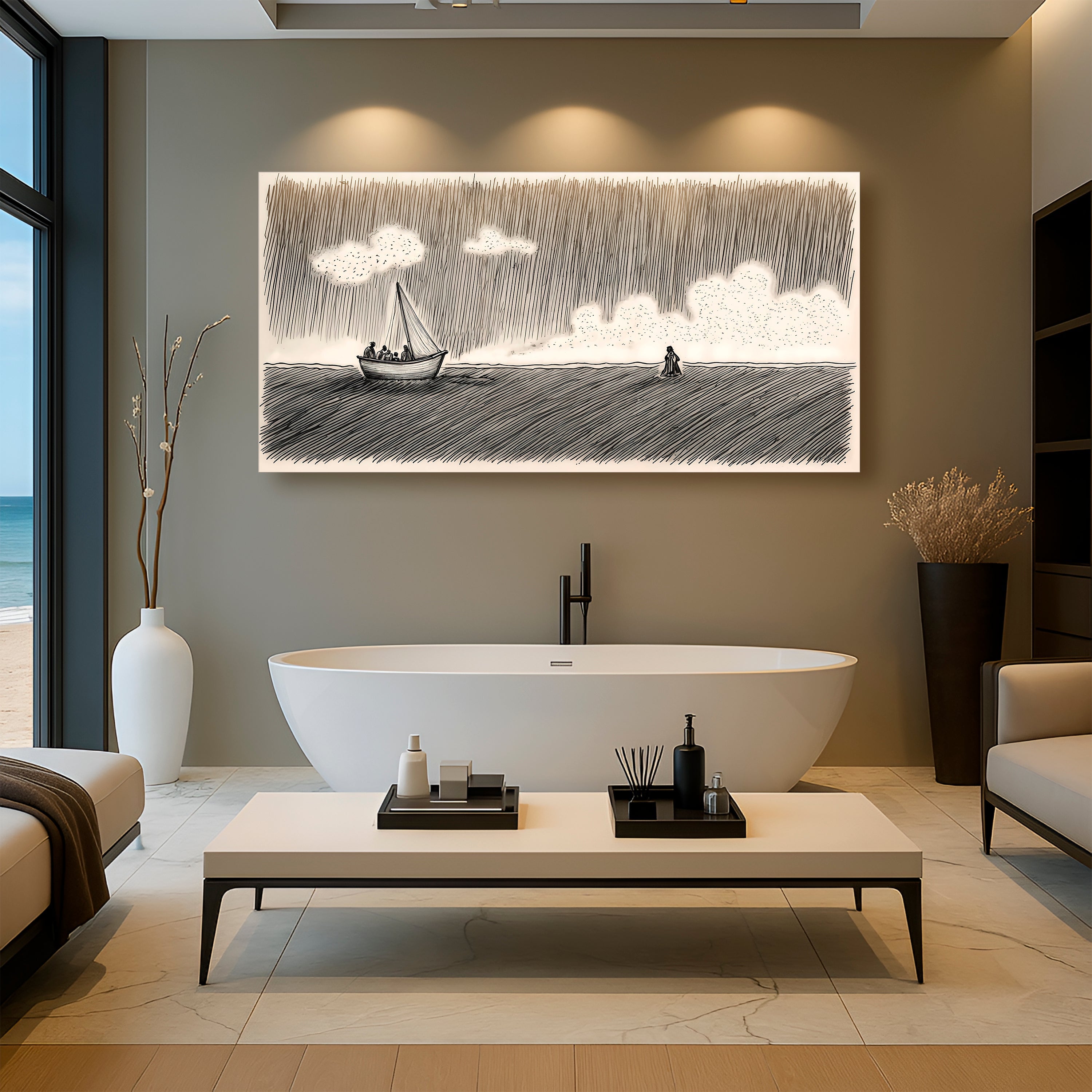 Landscape wall canvas featuring a sailboat on dark water with white clouds above