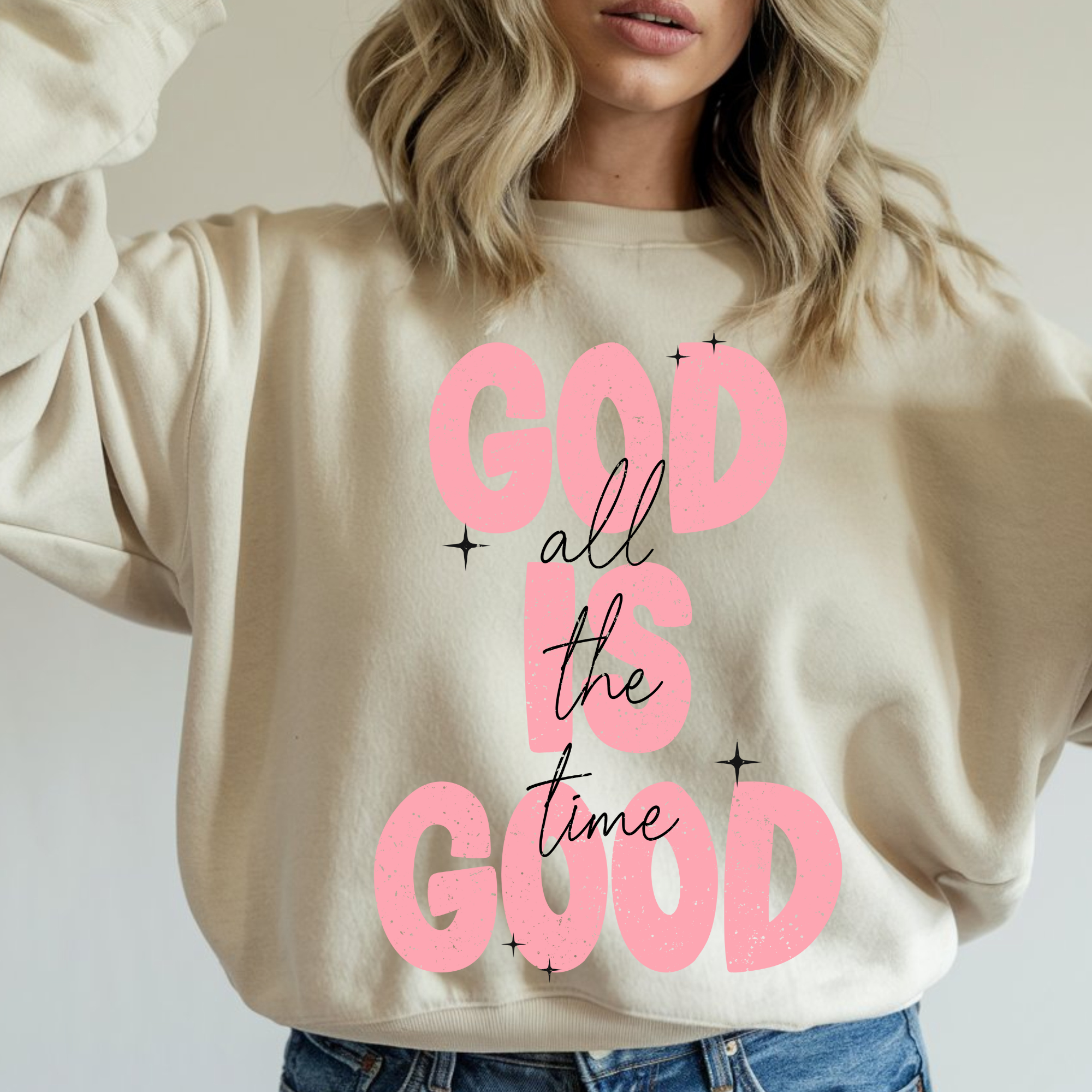 Sand crewneck sweatshirt with pink 'God all the time God' graphic and stars
