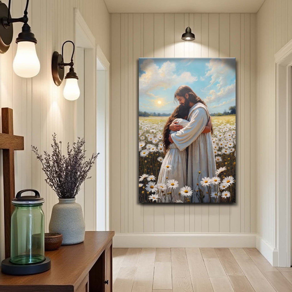 Faith wall art canvas of Jesus hugging a woman in a field of white daisies