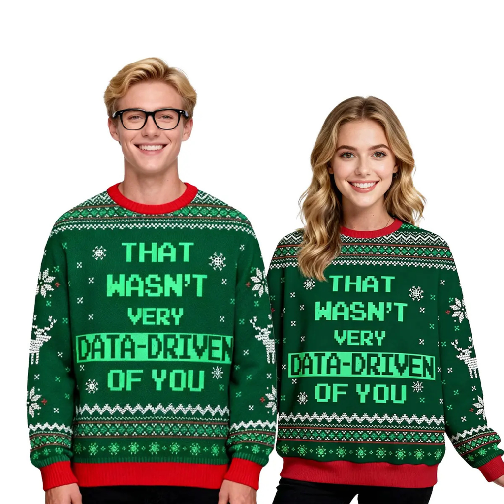 Crew neck knit Christmas sweater in green with red trim and 'That wasn't very data-driven' slogan