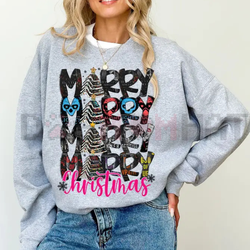 Heather gray crewneck sweatshirt with Merry Christmas graphic, long sleeves