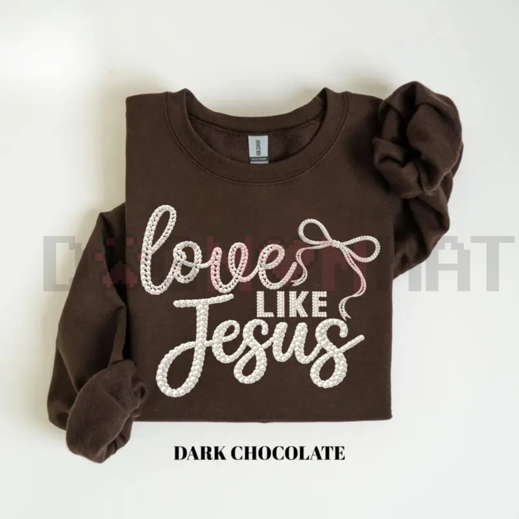 Dark chocolate crewneck sweatshirt with knot sleeves and glitter-style "Love Like Jesus" print