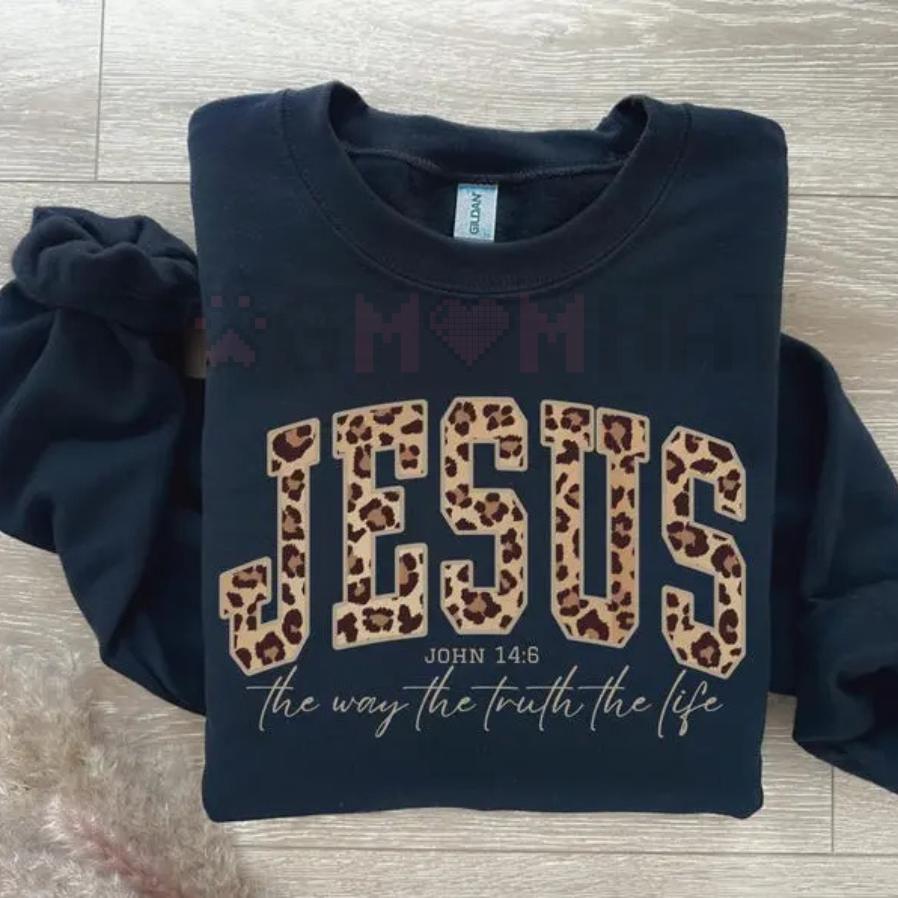 Dark navy Christian Jesus sweatshirt with leopard-print JESUS text and John 14:6