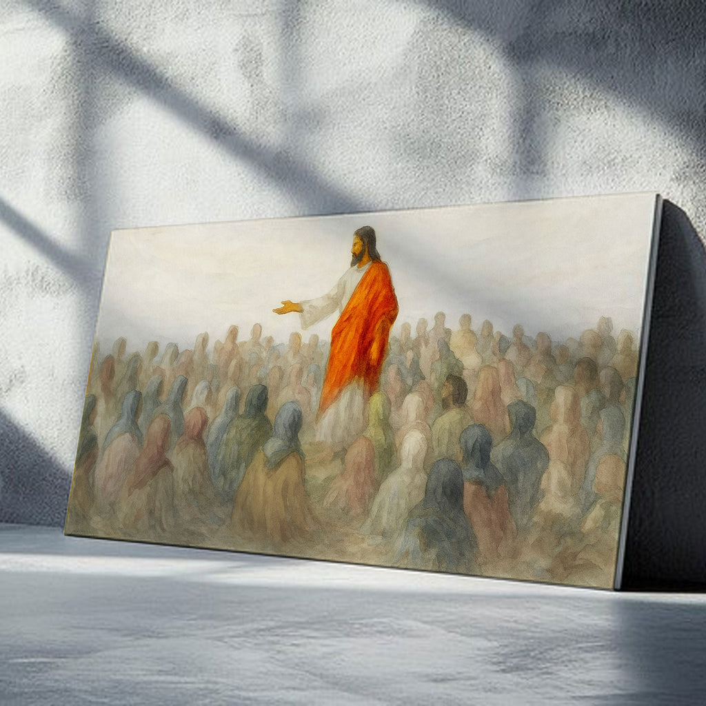 Landscape canvas wall art of a robed figure addressing a crowd, angled view