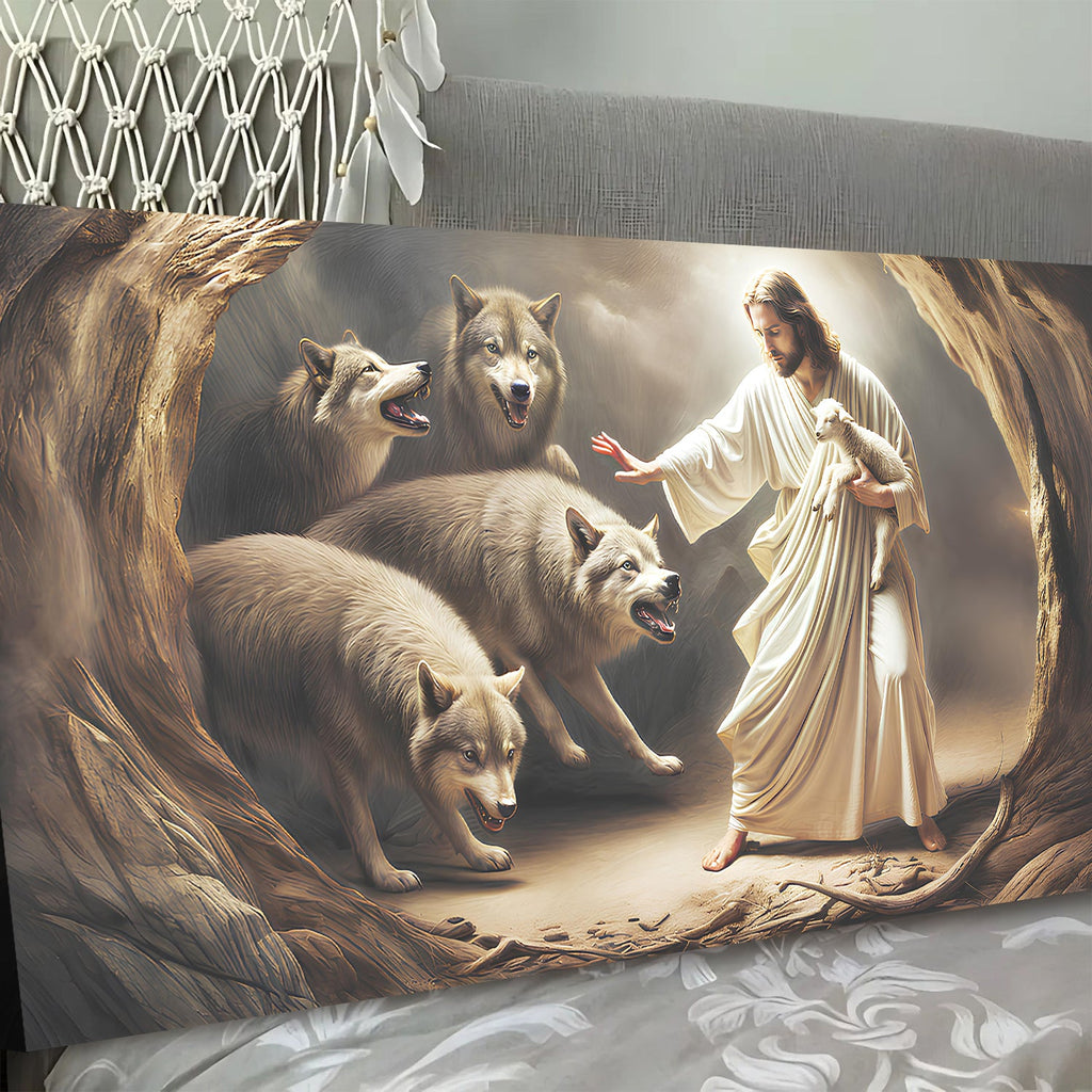Landscape wall art canvas with Jesus reaching toward four lambs