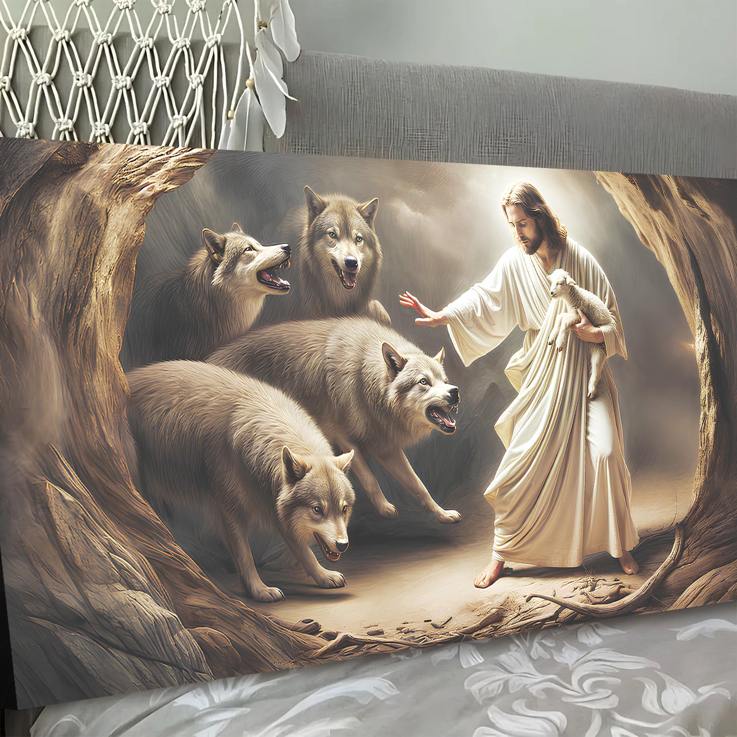Landscape wall art canvas with Jesus reaching toward four lambs