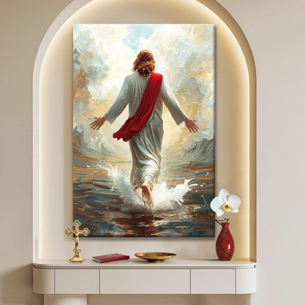 Canvas wall art of Jesus walking on water with red robe, white tunic, foamy splashes