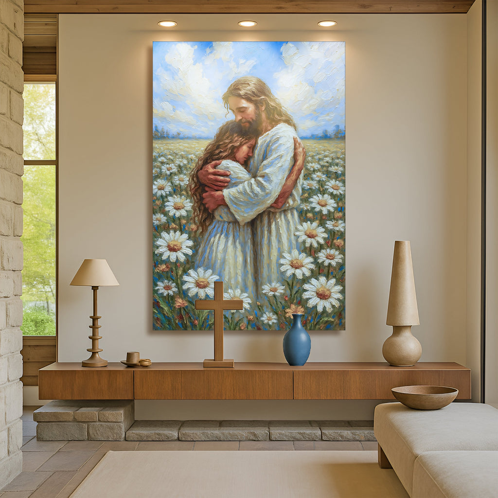 Jesus holding a child wall art canvas displayed on a stone fireplace wall
