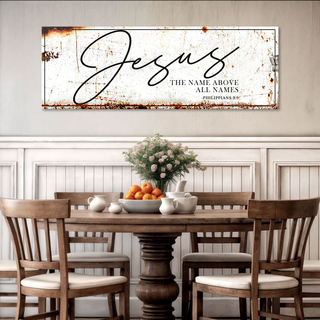 Jesus canvas wall art with rust-edged border and scripture text, horizontal