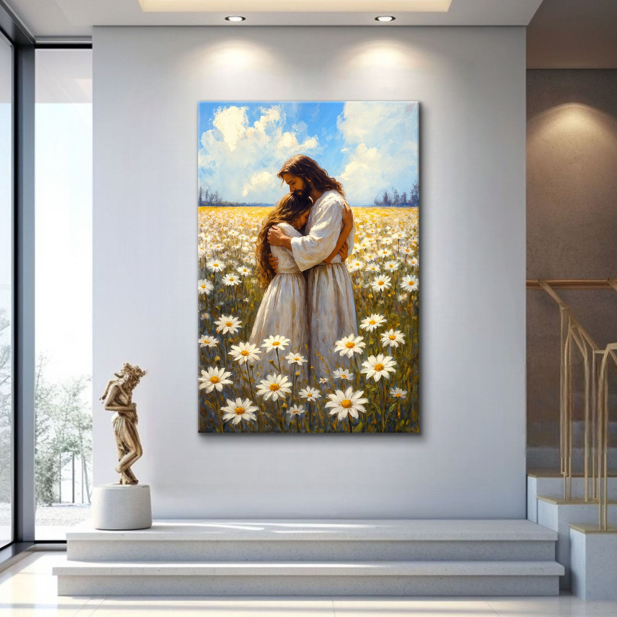 Landscape faith wall art canvas showing Jesus hugging a woman in a daisies field