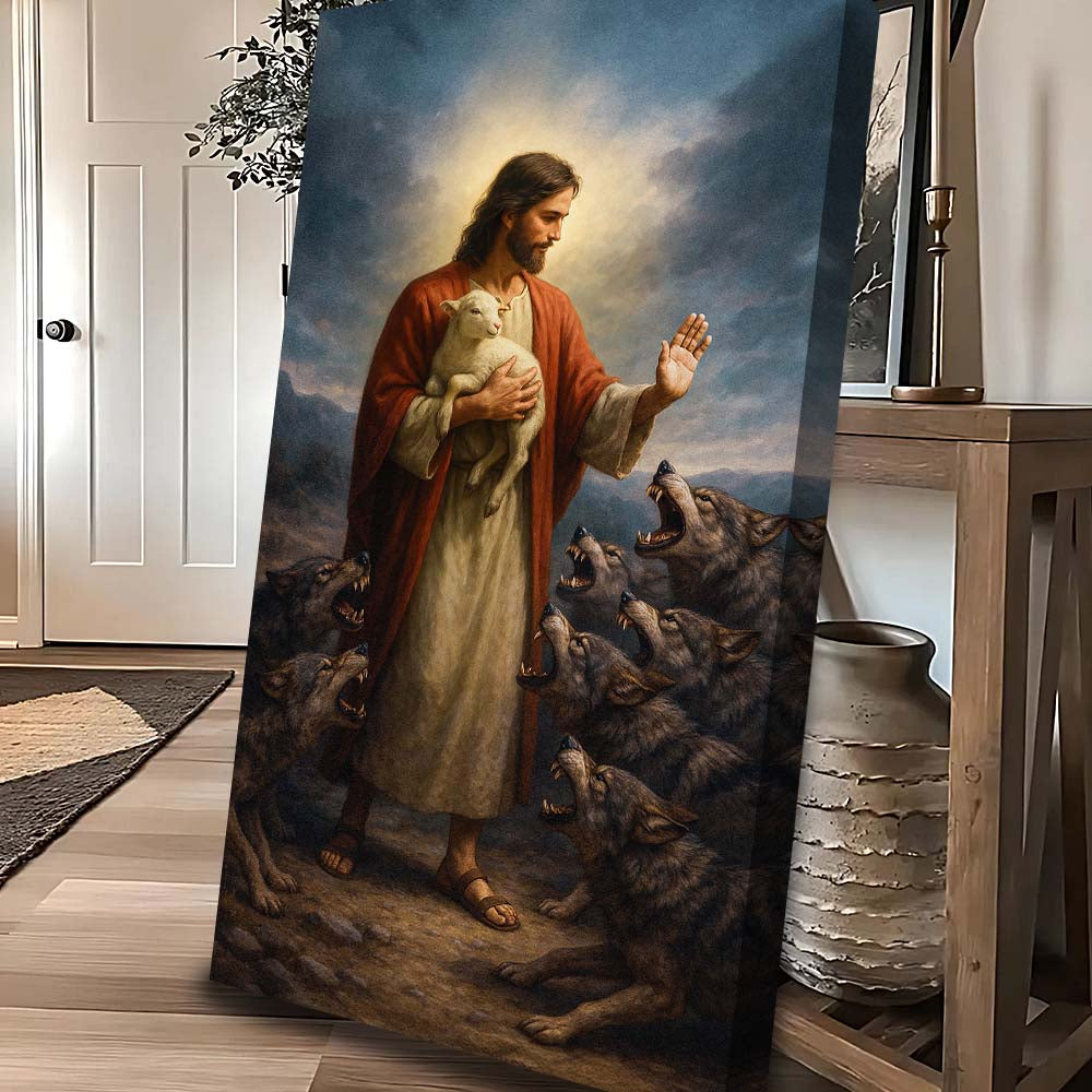 Vertical canvas wall art of Jesus holding a lamb, wolves crowding around