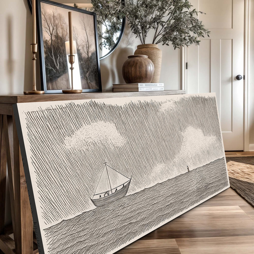 Jesus walking on water faith wall art canvas print on an easel with sailboat and waves