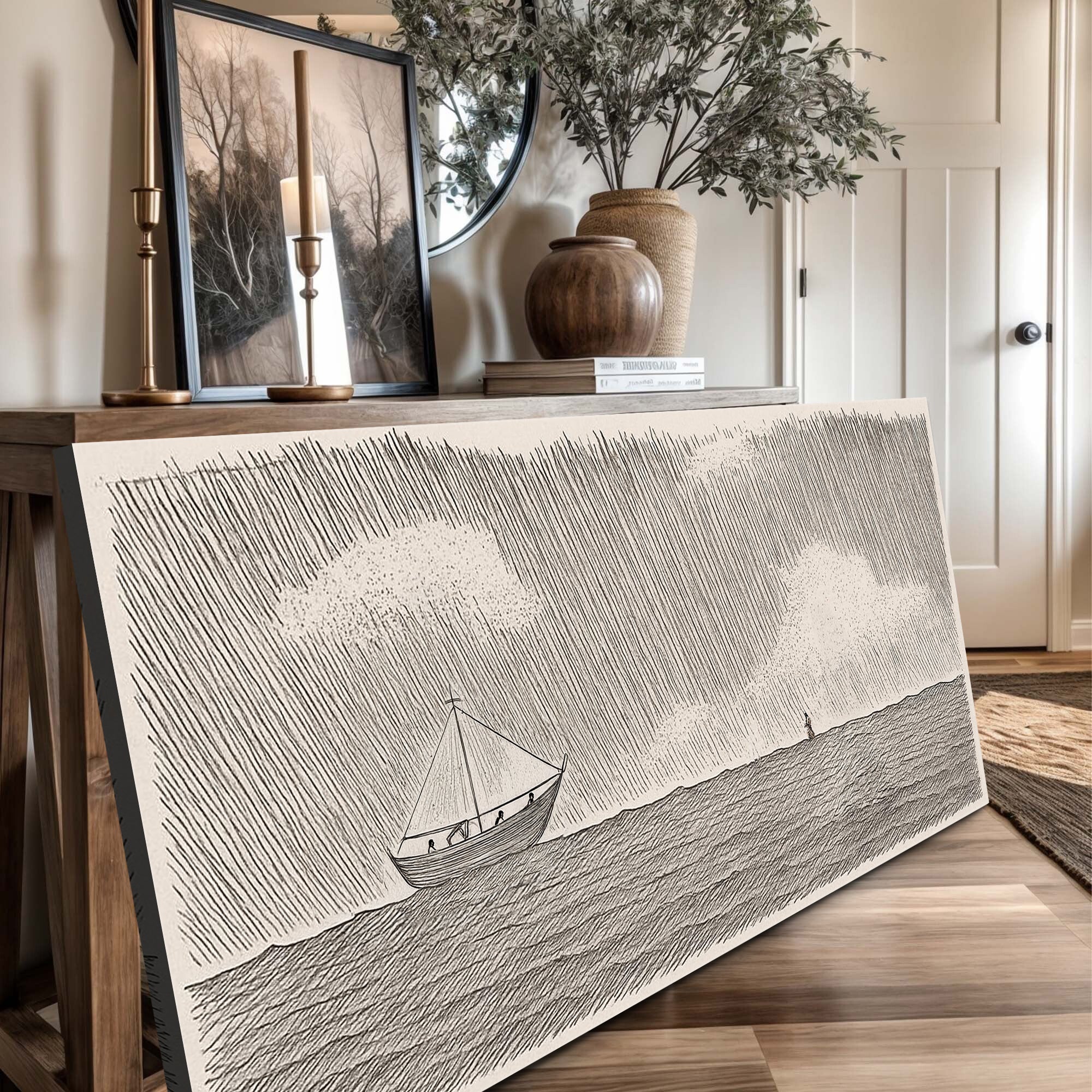 Jesus walking on water faith wall art canvas print on an easel with sailboat and waves