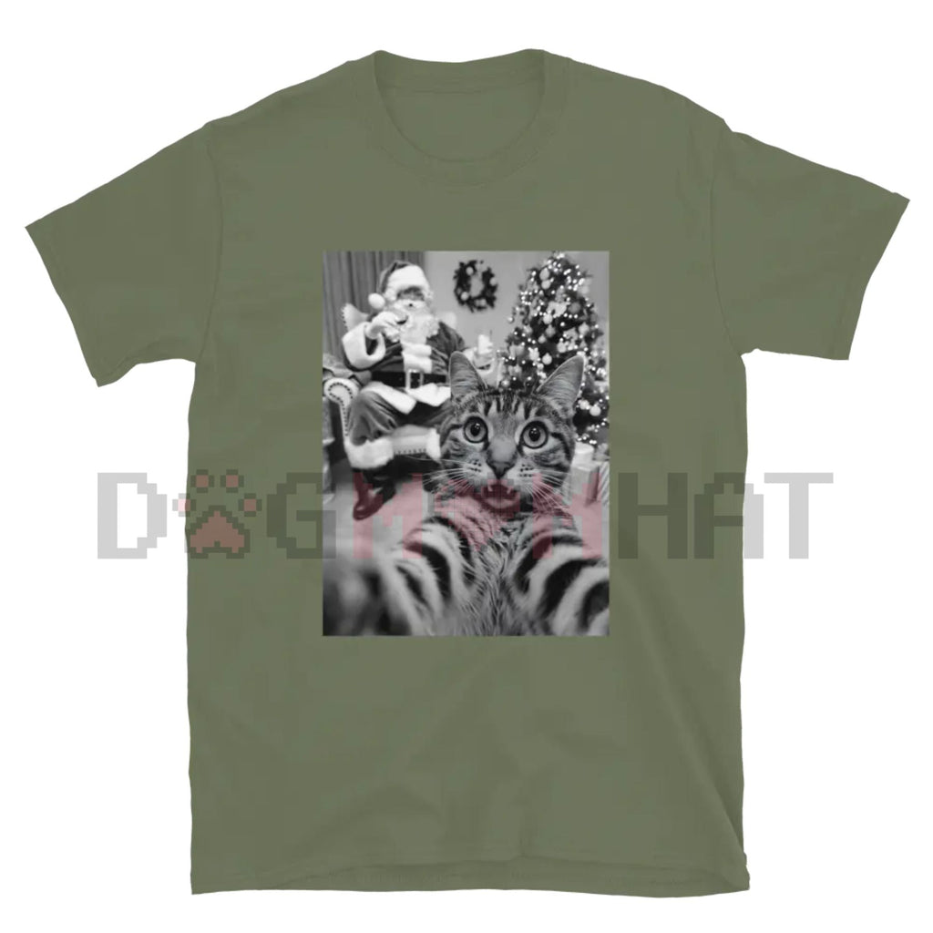 Unisex olive green T-shirt with grayscale cat and holiday graphic print on front