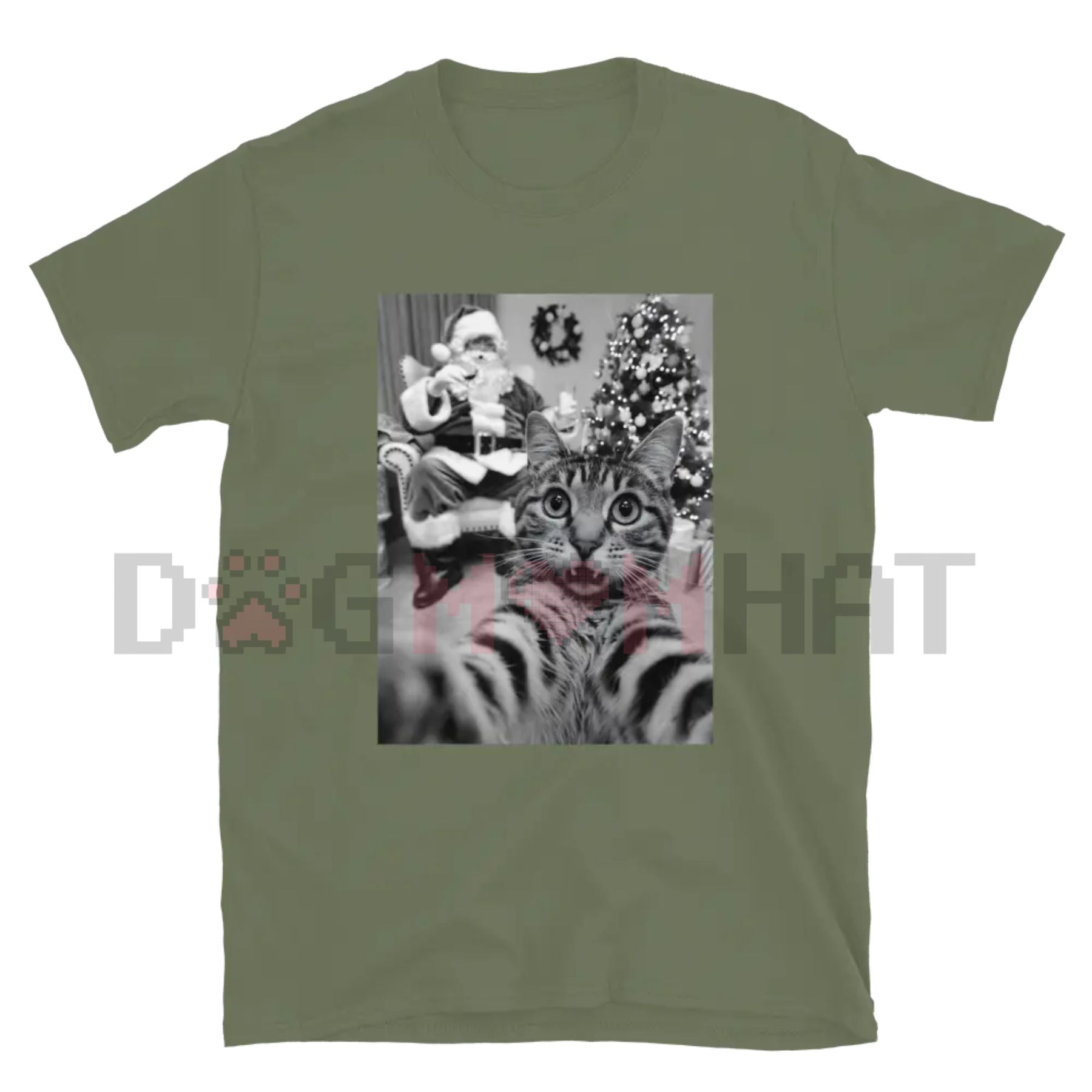 Unisex olive green T-shirt with grayscale cat and holiday graphic print on front